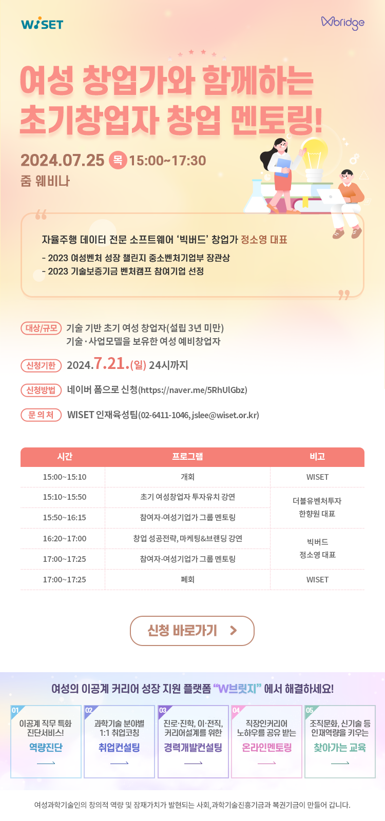 여성 창업가와 함께하는 초기창업자 창업 멘토링!

2024.07.25 (목) 15:00~17:30
줌 웨비나

자율주행 데이터 전문 소프트웨어 '빅버드' 창업가 정소영 대표

- 2023 여성벤처 성장 챌린지 중소벤처기업부 장관상
- 2023 기술보증기금 벤처캠프 참여기업 선정

대상/규모: 기술 기반 초기 여성 창업자(설립 3년 미만), 기술·사업모델을 보유한 여성 예비창업자

신청기한: 2024.7.21.(일) 24시까지

신청방법: 네이버 폼으로 신청(https://naver.me/5RhUlGbz)

문의처: WISET 인재육성팀(02-6411-1046, jslee@wiset.or.kr)

시간표 및 프로그램

15:00~15:10: 개회 (WISET)
15:10~15:50: 초기 여성창업자 투자유치 강연 (더블유벤처투자 한향원 대표)
15:50~16:15: 참여자-여성기업가 그룹 멘토링 (더블유벤처투자 한향원 대표)
16:20~17:00: 창업 성공전략, 마케팅&브랜딩 강연 (빅버드 정소영 대표)
17:00~17:25: 참여자-여성기업가 그룹 멘토링 (빅버드 정소영 대표)
17:00~17:25: 폐회 (WISET)
<신청 바로가기>([링크] 새 탭에서 링크가 열림)

여성의 이공계 커리어 성장 지원 플랫폼 'W브릿지'에서 해결하세요!

1) 이공계 직무 특화 진단서비스! - 역량진단
2) 과학기술 분야별 1:1 취업코칭 - 취업컨설팅
3) 진로·진학, 이·전직, 커리어설계를 위한 - 경력개발컨설팅
4) 직장인커리어 노하우를 공유 받는 - 온라인멘토링
5) 조직문화, 신기술 등 인재역량을 키우는 - 찾아가는 교육

여성과학기술인의 창의적 역량 및 잠재가치가 발현되는 사회, 과학기술진흥기금과 복권기금이 만들어 갑니다.